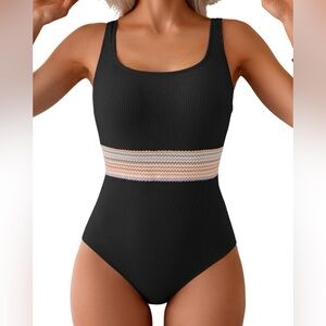 swimsuit XL black one piece colorful geometric print waistband shoulder ties NWT